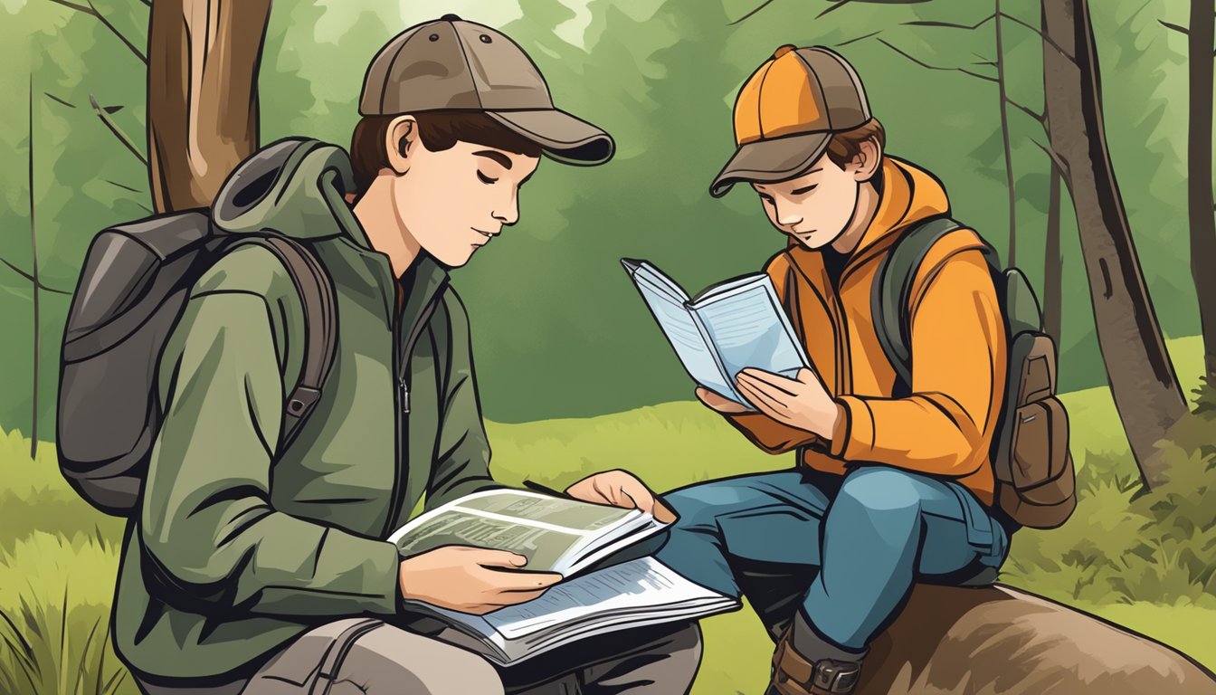 A young person studying a booklet on hunting regulations, with a computer or smartphone open to a website for obtaining a youth hunting license