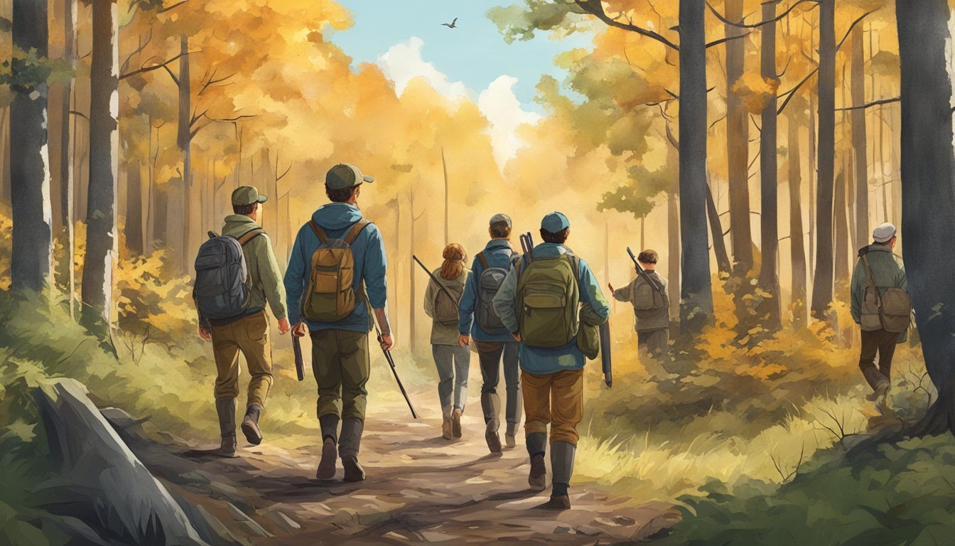 A group of young hunters, accompanied by adults, venture into the forest during youth hunting season