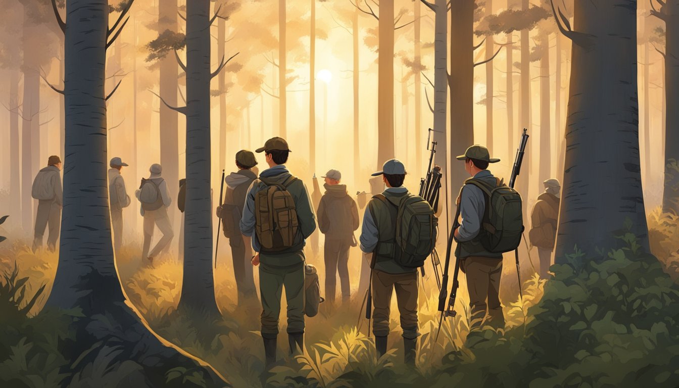 A group of young hunters, guided by mentors, gather in a forest clearing at dawn, ready for the start of youth hunting season