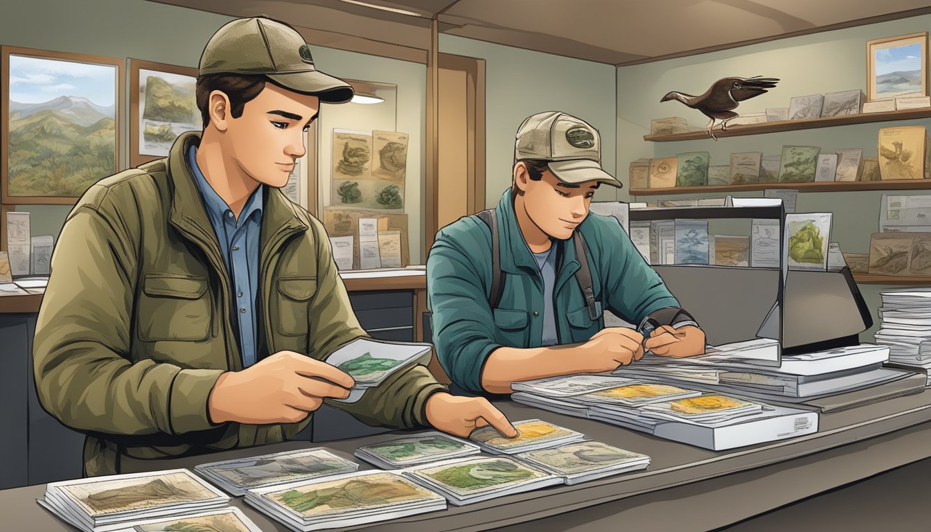 A young hunter purchasing a species-specific license and stamps at a wildlife office counter