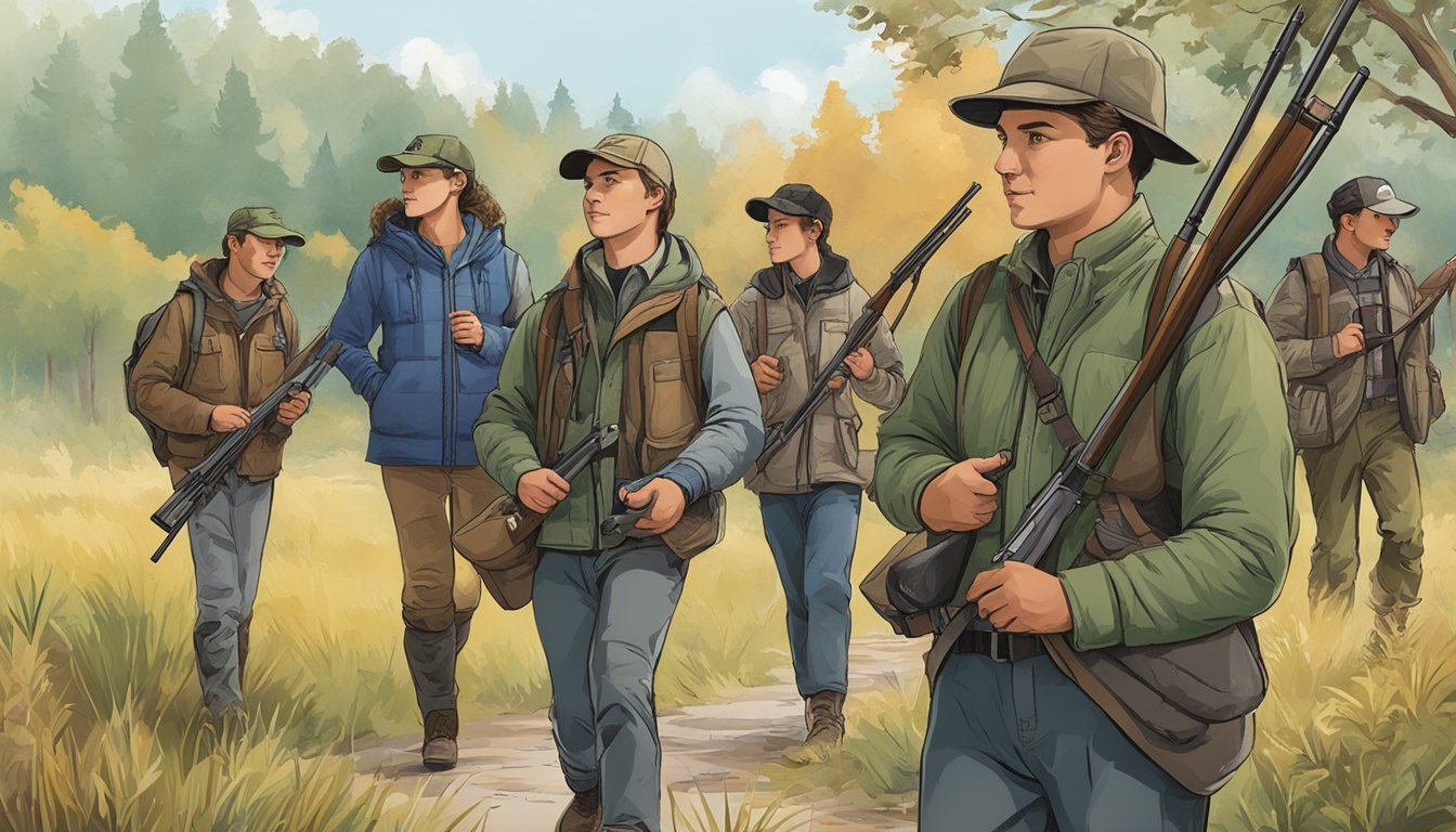 A group of young hunters, accompanied by an adult, approach a government office to apply for youth hunting licenses