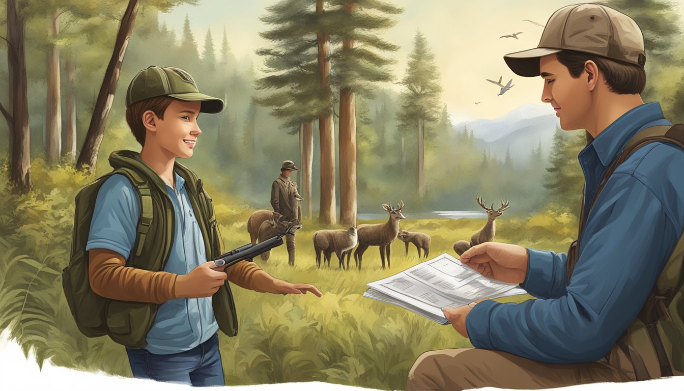 A young hunter purchasing a license with a parent, surrounded by nature and wildlife