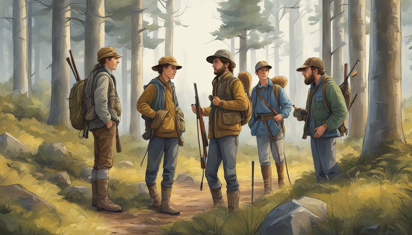 A group of young hunters, accompanied by adults, gather in a forest clearing. They carry hunting gear and eagerly discuss their plans for the season