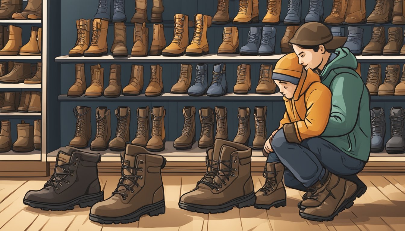 A young hunter carefully selects insulated youth hunting boots from a display at an outdoor store