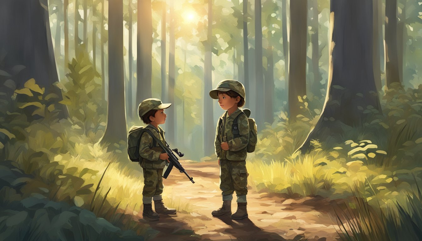 A young child stands in a forest clearing, wearing camouflaged hunting clothing and holding a small rifle. The sunlight filters through the trees, casting dappled shadows on the ground