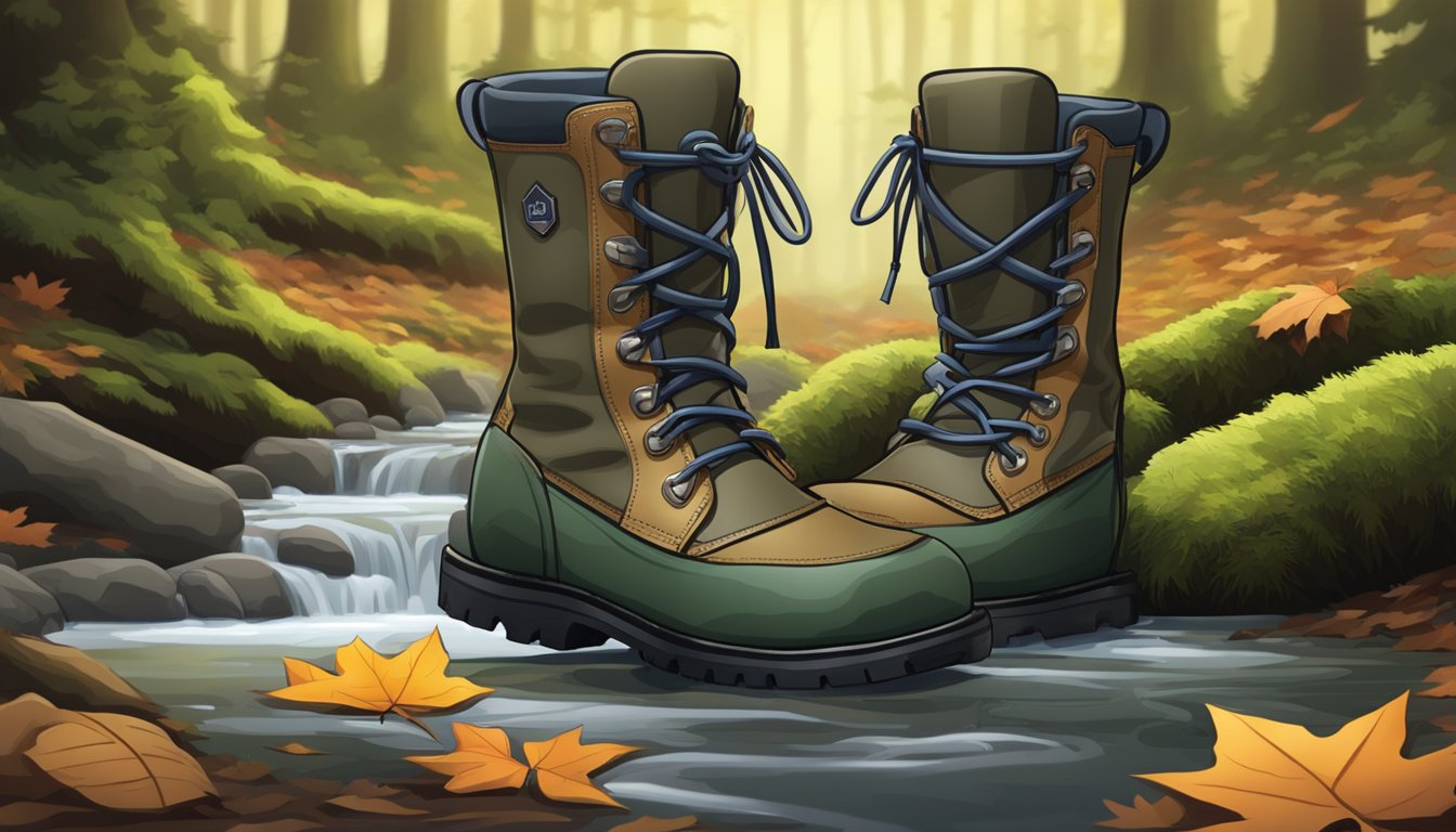 A pair of insulated youth hunting boots placed on a soft, mossy forest floor, surrounded by fallen leaves and a gentle stream