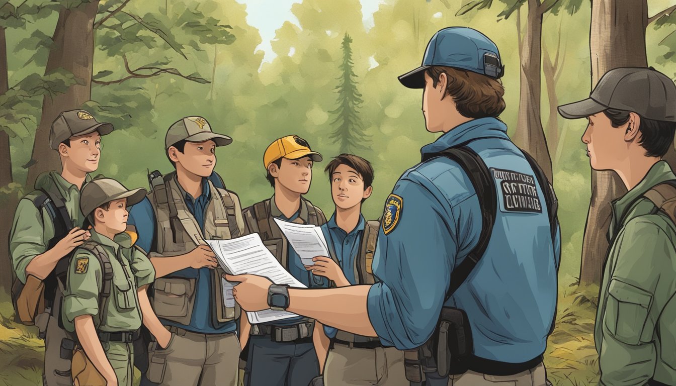 A group of young people gather around a wildlife conservation officer, eagerly listening as he explains the process of obtaining a youth hunting license. The officer holds up a pamphlet and gestures towards the nearby woods