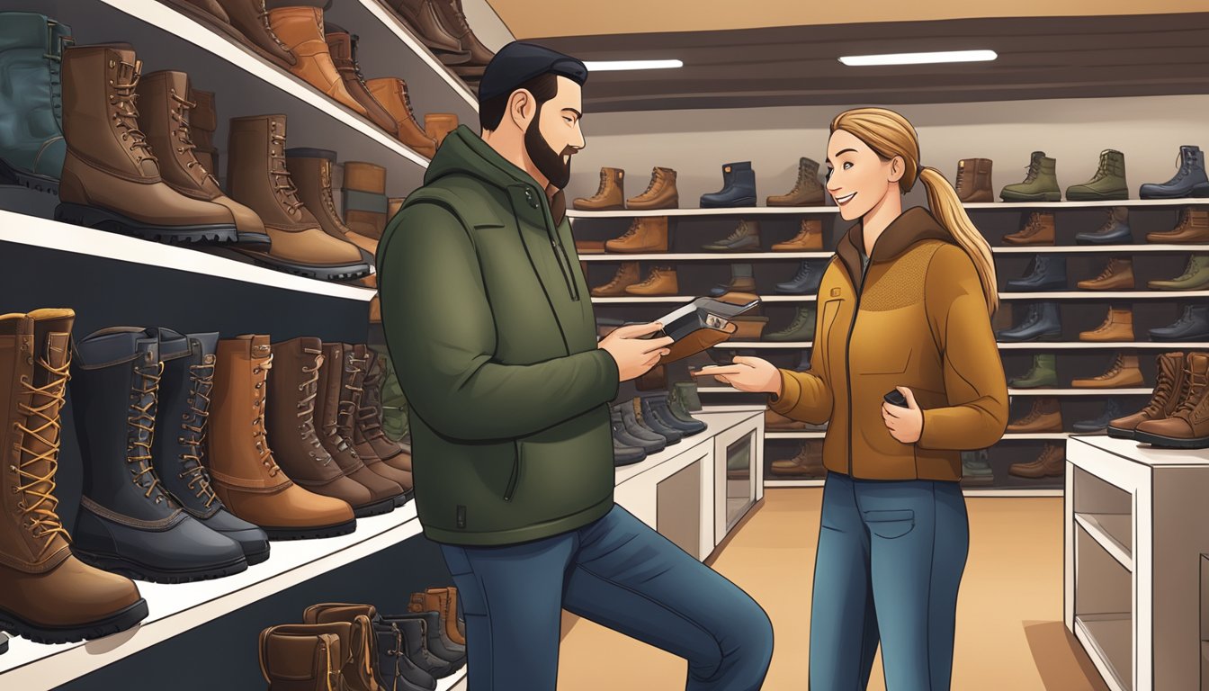 A customer browsing insulated youth hunting boots, a sales associate explaining the purchase process and policies at an outdoor gear store