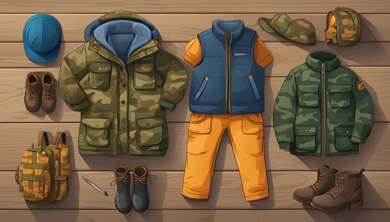 A group of children's hunting clothes laid out on a wooden table, with camouflage jackets, pants, and boots neatly arranged for the upcoming hunting season