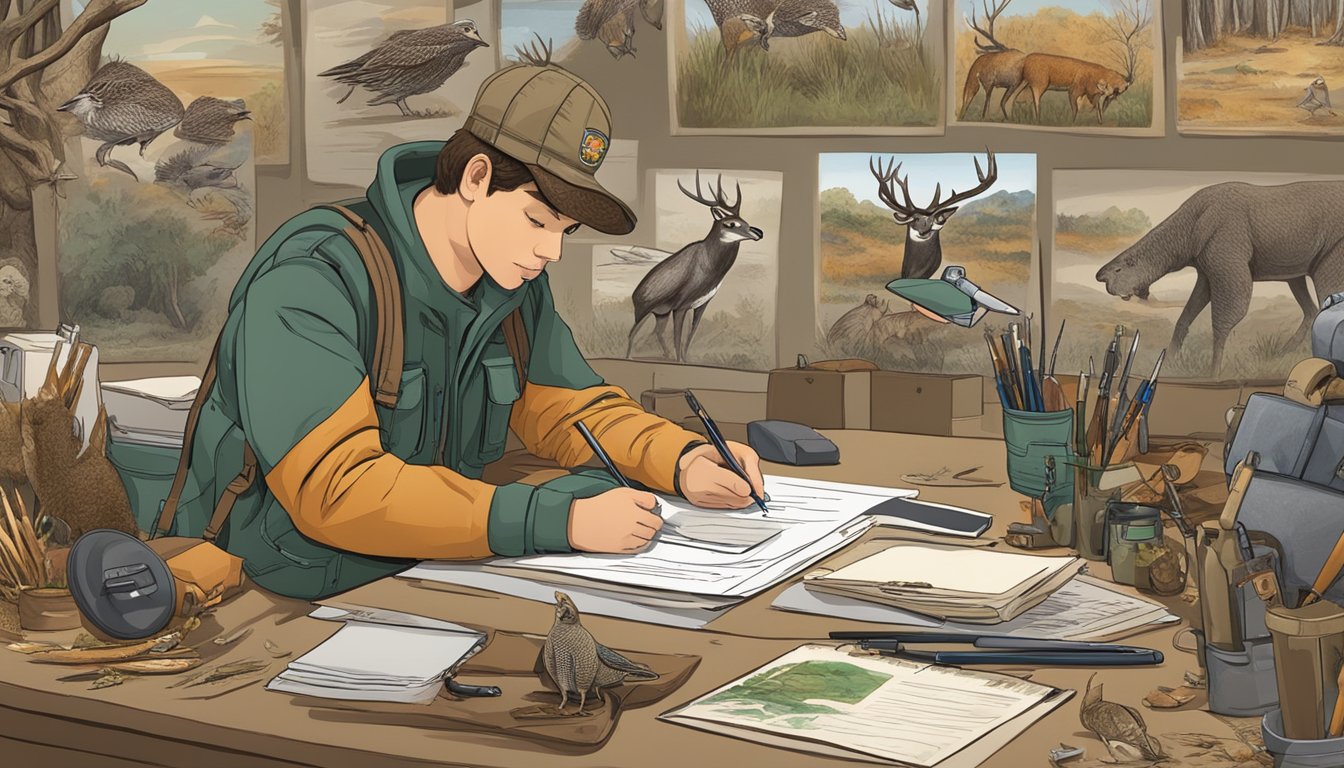 A young person filling out paperwork with a wildlife official, surrounded by images of wildlife and hunting equipment