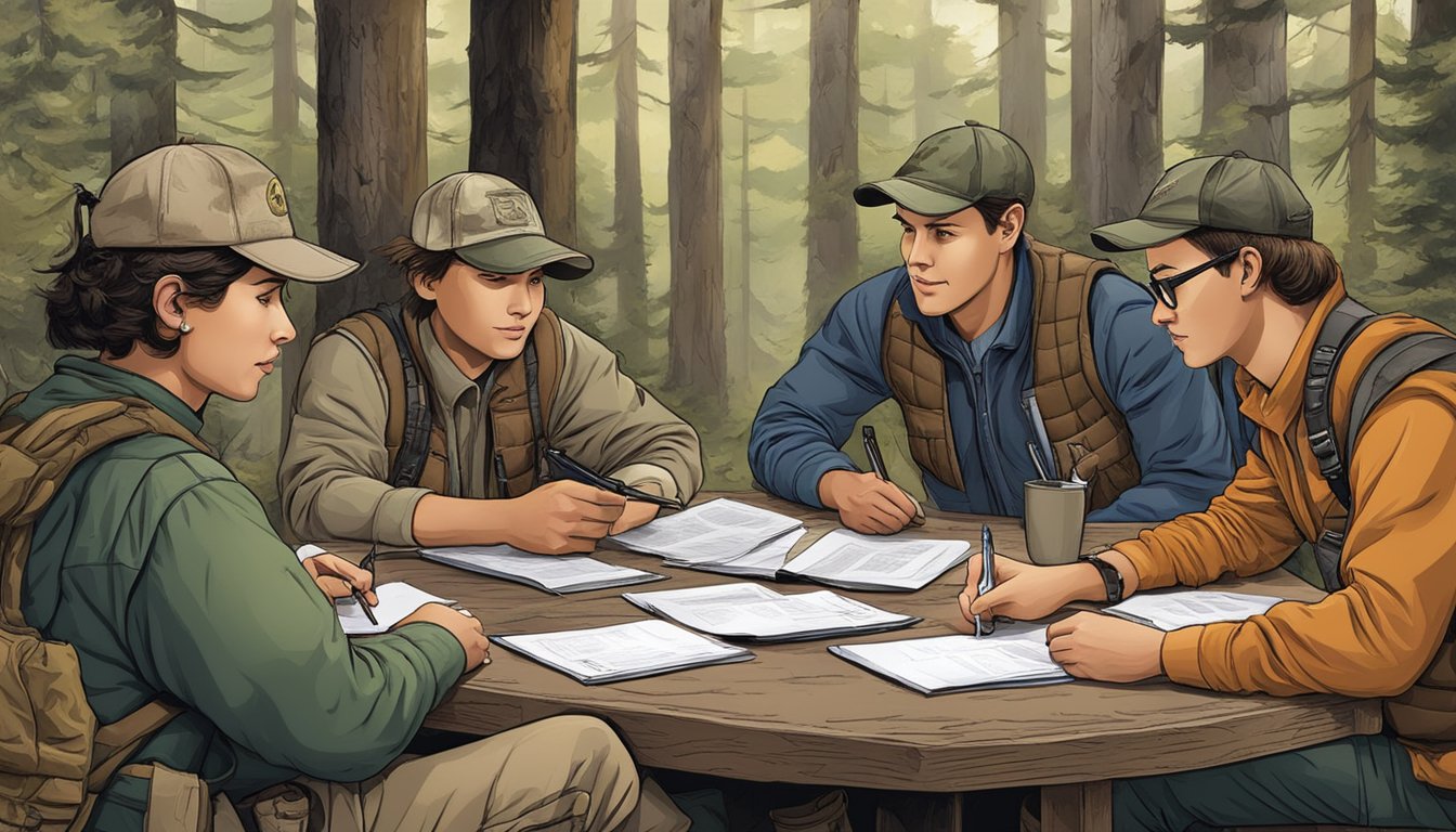 A group of young hunters and mentors gather around a table, filling out paperwork and discussing hunting regulations and ethics