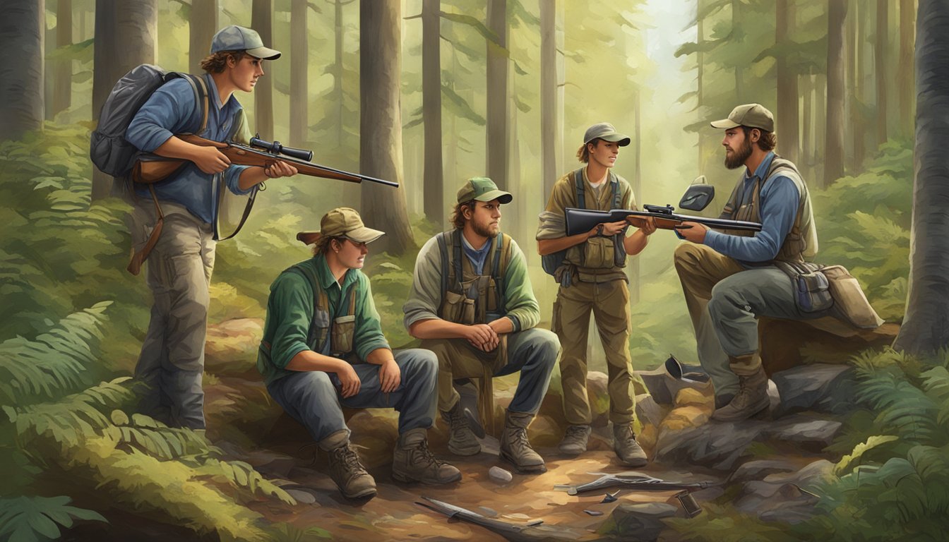 A group of young hunters proudly display their licenses while preparing for a hunting trip in a lush forest setting