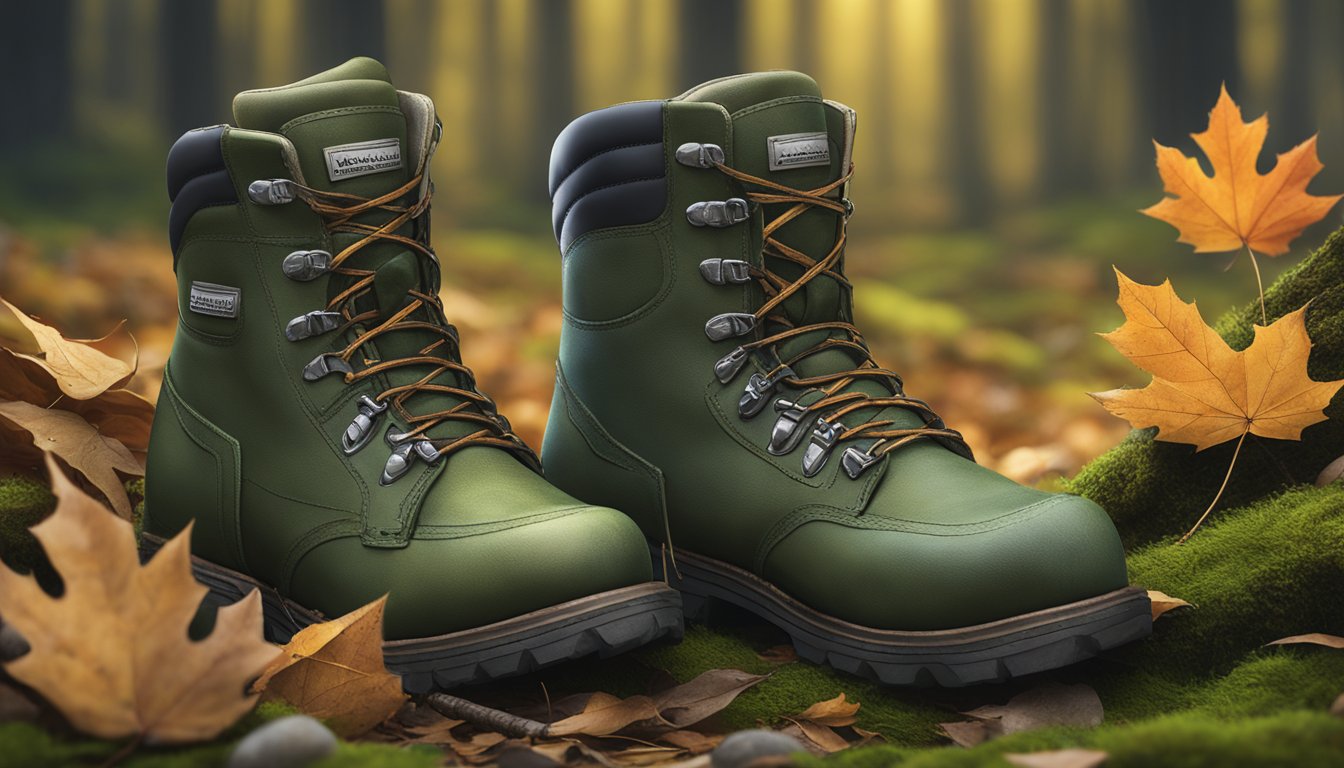 A pair of Magellan youth hunting boots placed on a mossy forest floor, surrounded by fallen leaves and small twigs