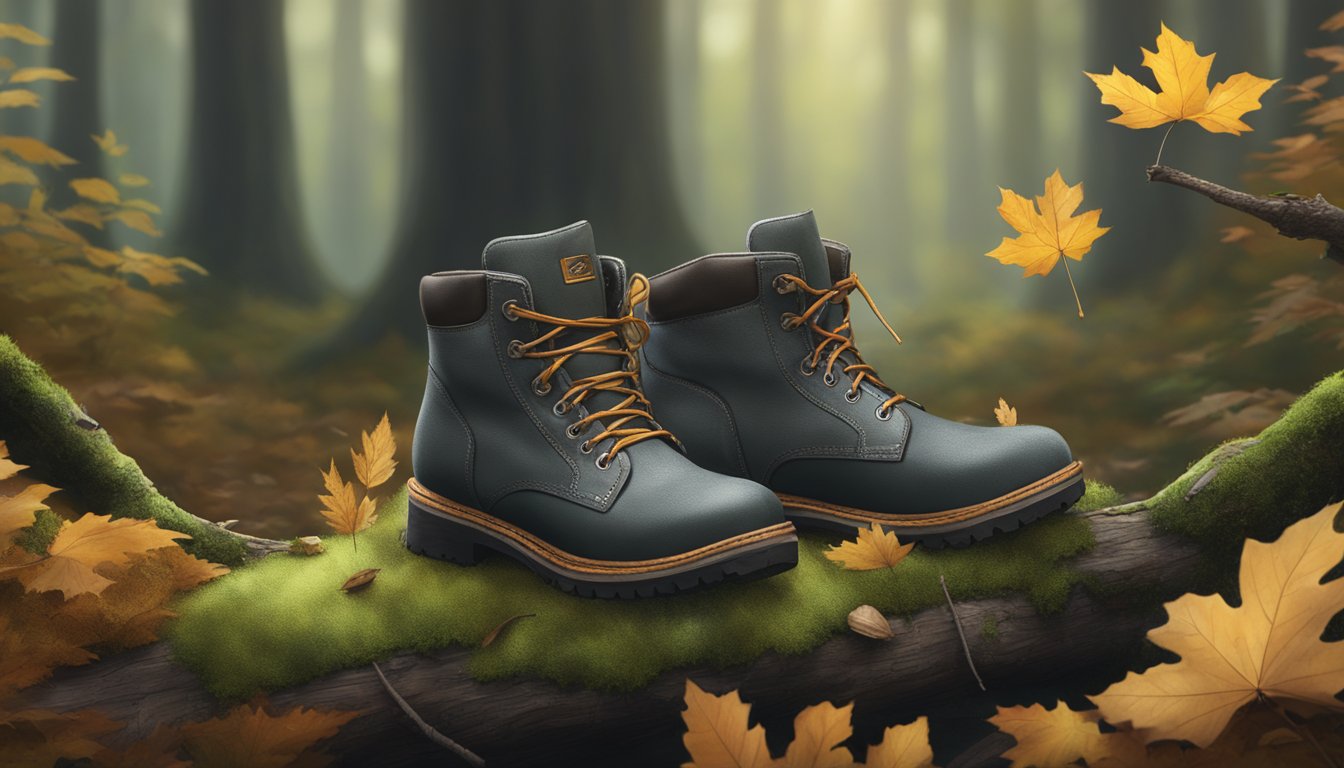 A pair of Magellan youth hunting boots sitting on a moss-covered log in a dense forest, surrounded by fallen leaves and small twigs