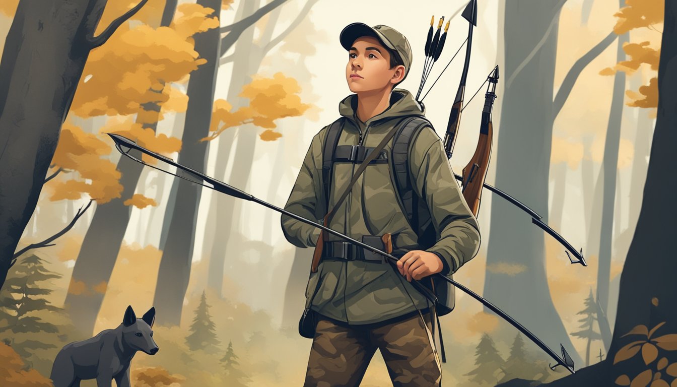 A young hunter wearing Kuiu youth hunting clothes, standing in a forest with a bow and arrow, surrounded by trees and wildlife