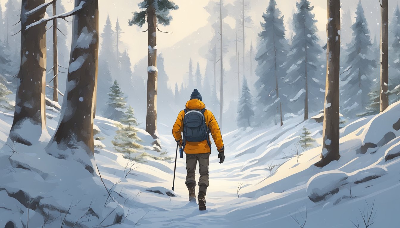 A young hunter wearing insulated clothes walks through a snowy forest, surrounded by tall trees and animal tracks in the snow