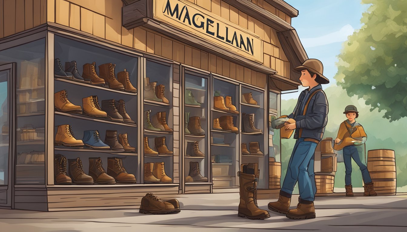 A pair of Magellan youth hunting boots being carefully chosen from a display in a well-lit outdoor store