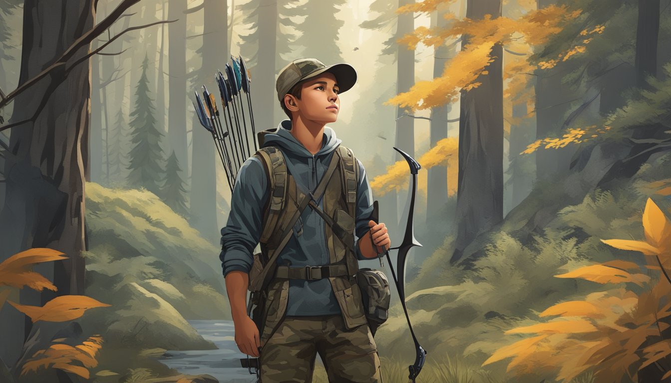 A young hunter wearing Kuiu youth hunting clothes, standing in a forest with a bow and arrow, surrounded by trees and wildlife