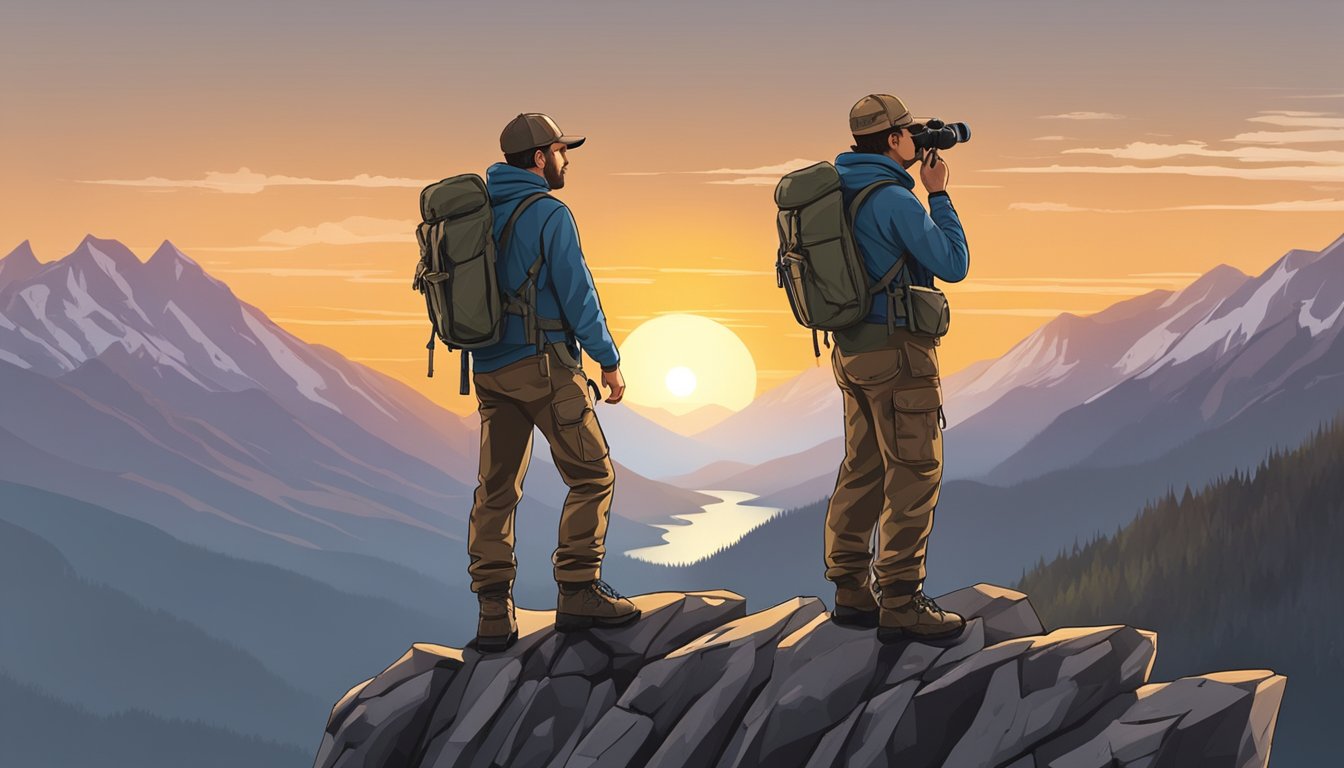 A young hunter wearing Kuiu youth hunting clothes stands on a rocky mountain ledge, scanning the horizon with binoculars. The sun sets behind distant peaks