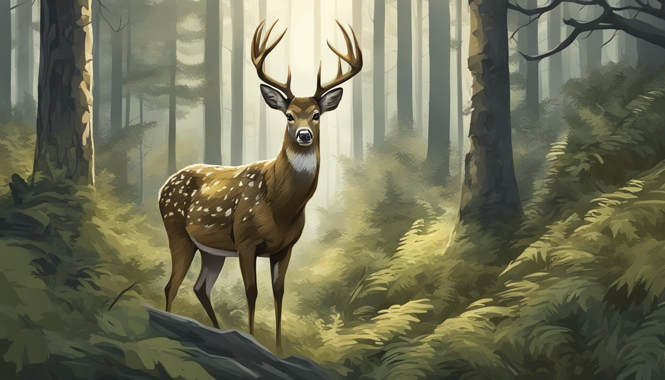 A dense forest with a young deer blending into the background, wearing insulated hunting clothes designed for camouflage and concealment