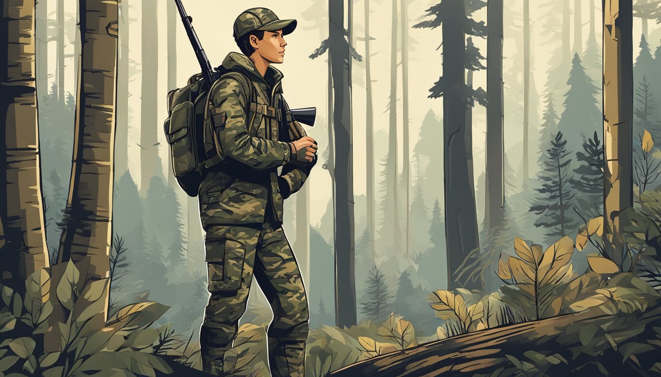 A young hunter stands in a forest, wearing camouflaged hunting clothes from Kuiu. They hold a rifle and look out at the landscape