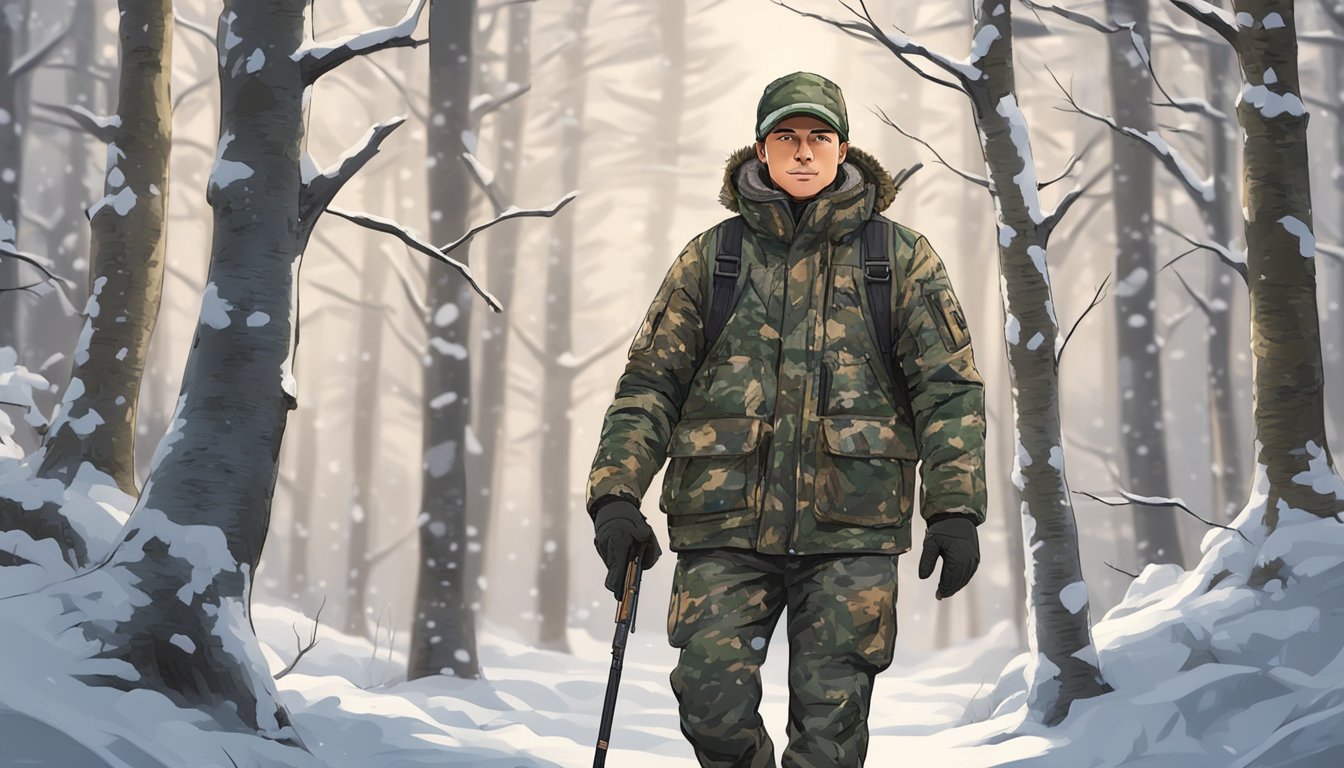 A young hunter walks through a snowy forest, wearing insulated camo hunting clothes with added features for warmth and protection