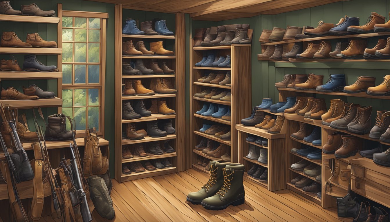 A pair of Magellan youth hunting boots displayed on a shelf in a sporting goods store, surrounded by other outdoor footwear and equipment