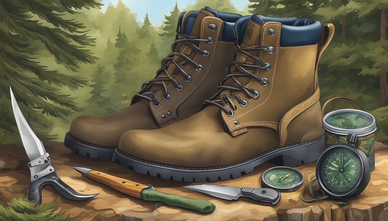 A pair of Magellan youth hunting boots surrounded by various outdoor accessories such as camouflage socks, a compass, and a hunting knife