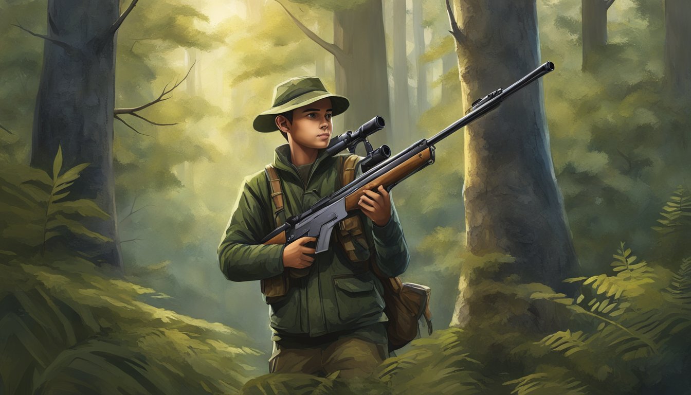 A young hunter wearing Magellan youth hunting clothes, standing in a forest with a rifle, tracking prey through the trees