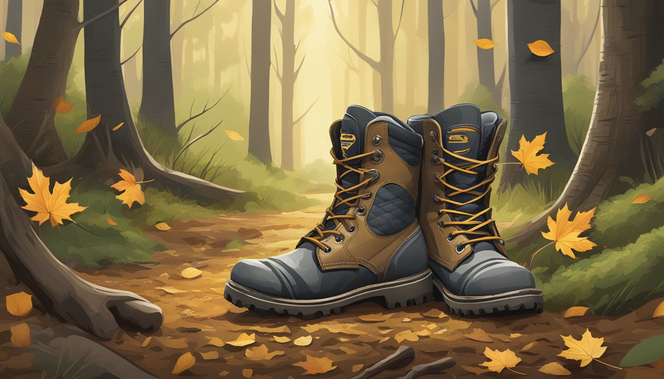 A pair of lacrosse youth hunting boots standing in a muddy forest clearing, surrounded by fallen leaves and tree trunks