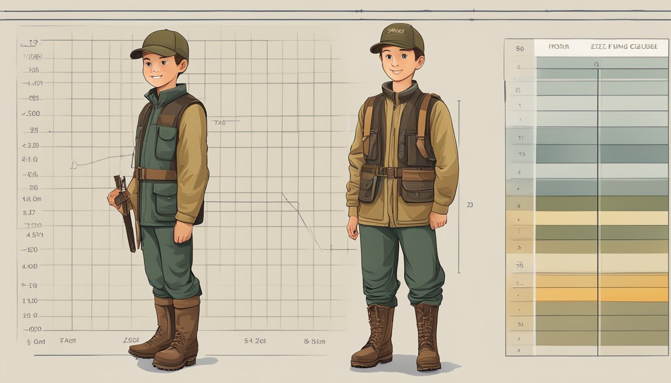 A young hunter stands next to a chart showing size and fit guide for Magellan youth hunting clothes