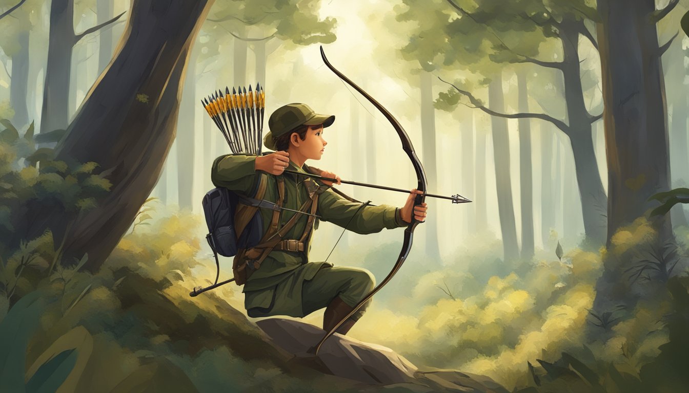 A forest clearing with a young hunter wearing Magellan youth hunting clothes, holding a bow and arrow, surrounded by trees and wildlife