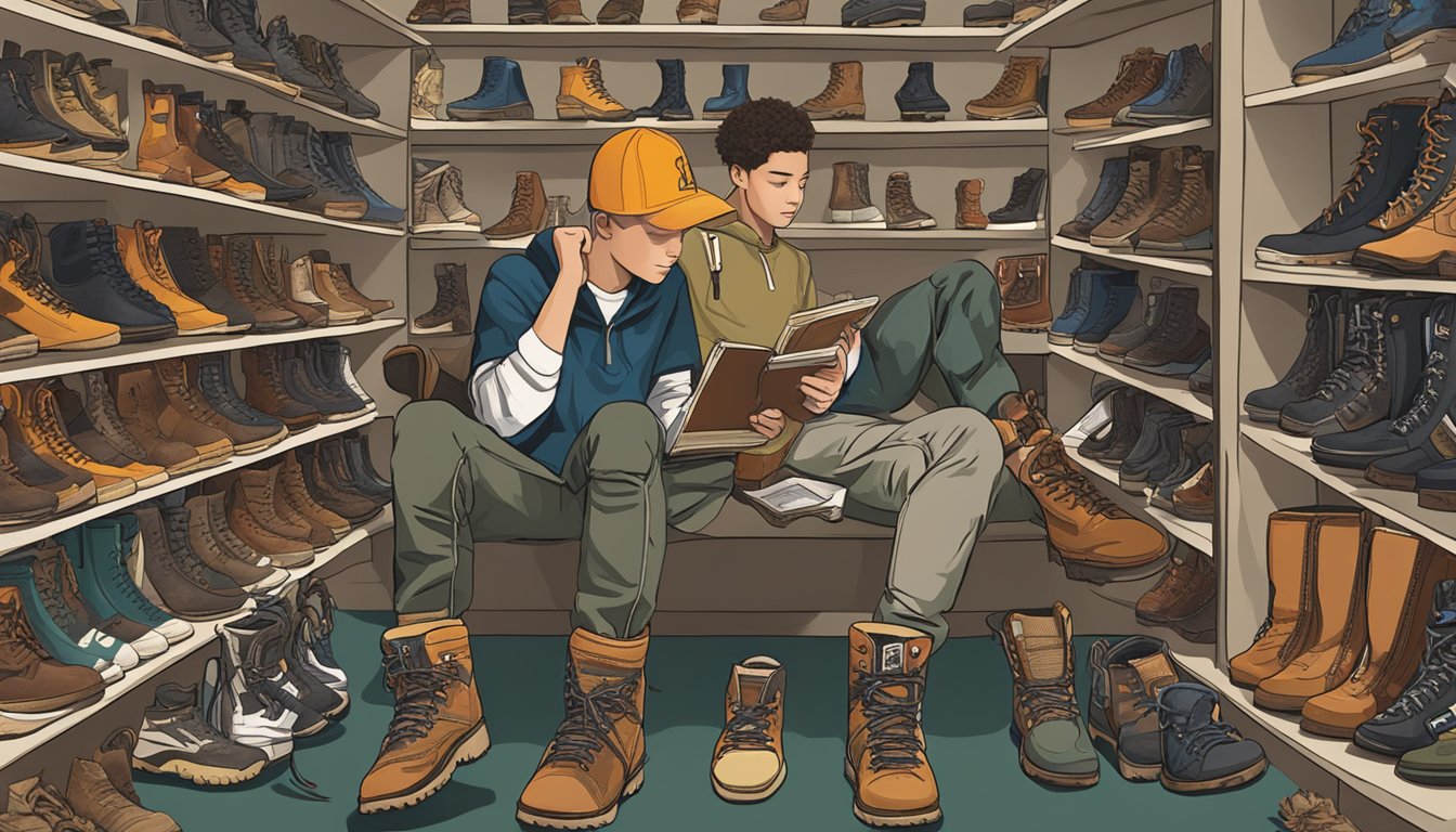 A young lacrosse player wearing hunting boots examines a buyer's guide while surrounded by various styles and brands of youth boots