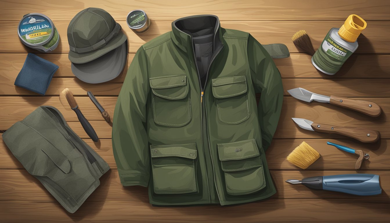 Magellan youth hunting clothes laid out on a wooden table with a hunting knife, brush, and waterproofing spray nearby