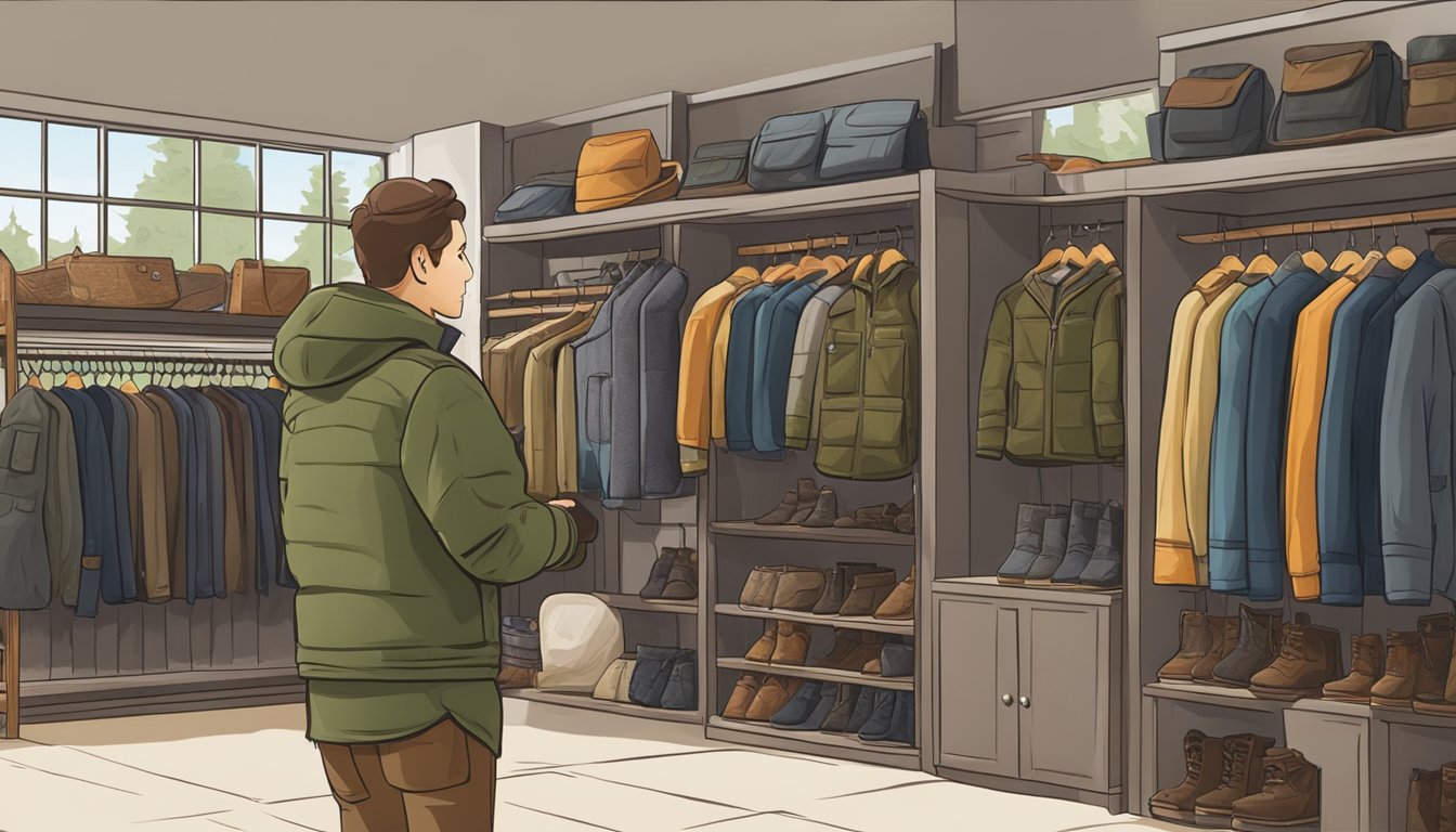 A young hunter examining Magellan youth hunting clothes in a well-lit outdoor store