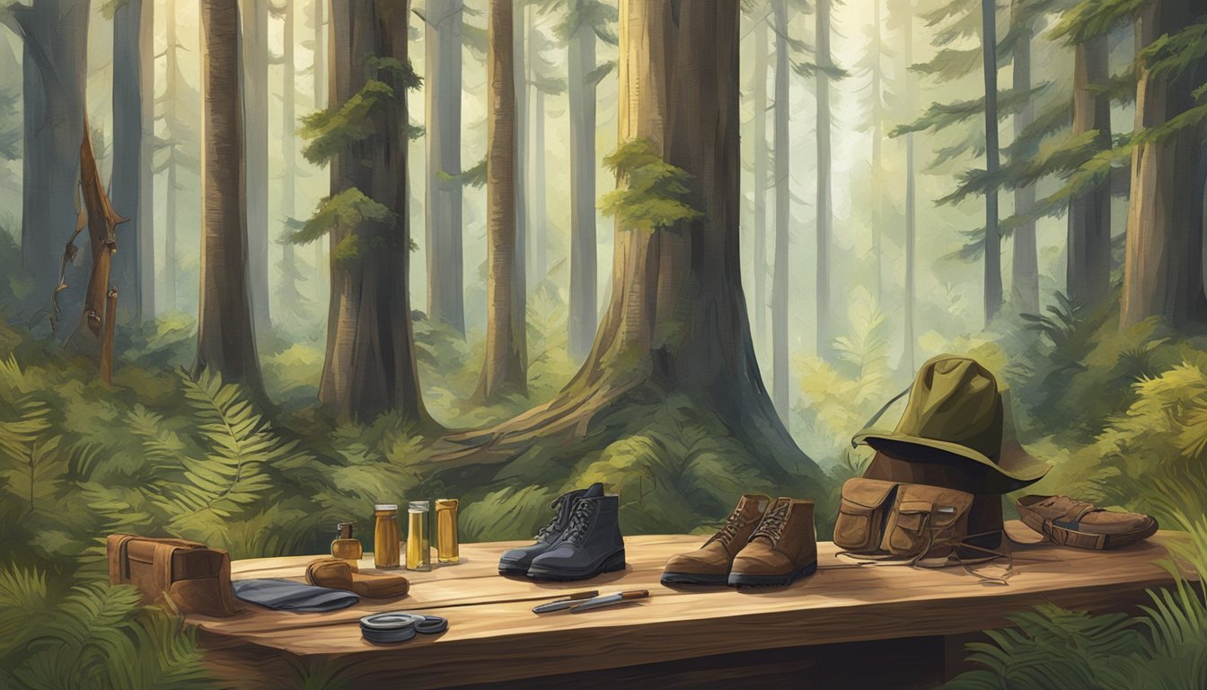 A forest clearing with a display of Magellan youth hunting clothes on a wooden table, surrounded by trees and wildlife