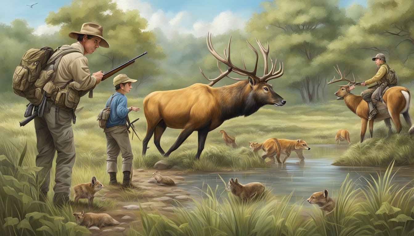 A group of young animals being taught hunting skills by older, experienced members of their species in a natural, outdoor setting