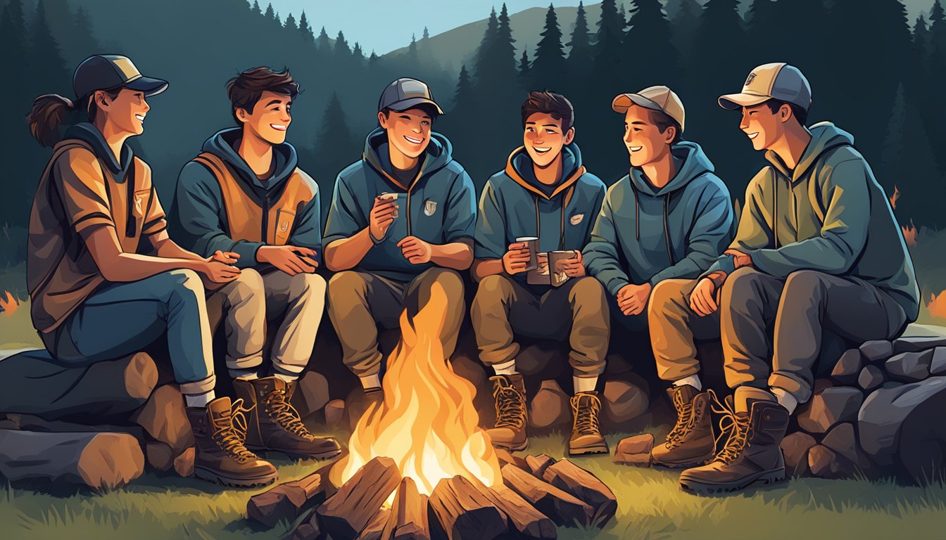 A group of young lacrosse players wearing hunting boots, gathered around a campfire, sharing their positive reviews and testimonials about the boots