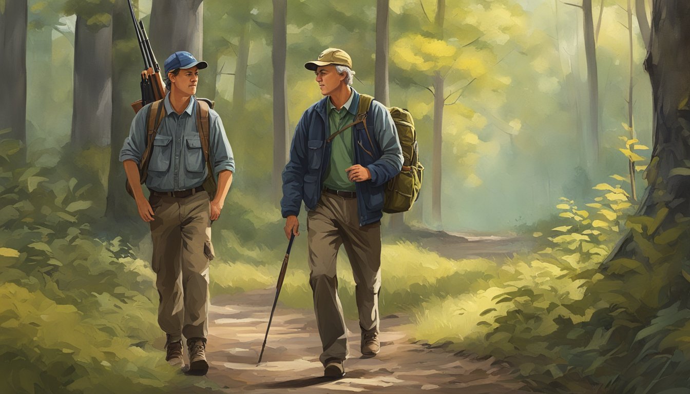 A young hunter and an older mentor walking through a wooded area, both carrying hunting gear and licenses