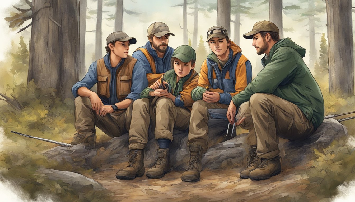 A group of young hunters gather around a mentor, learning proper techniques and safety measures in a natural outdoor setting