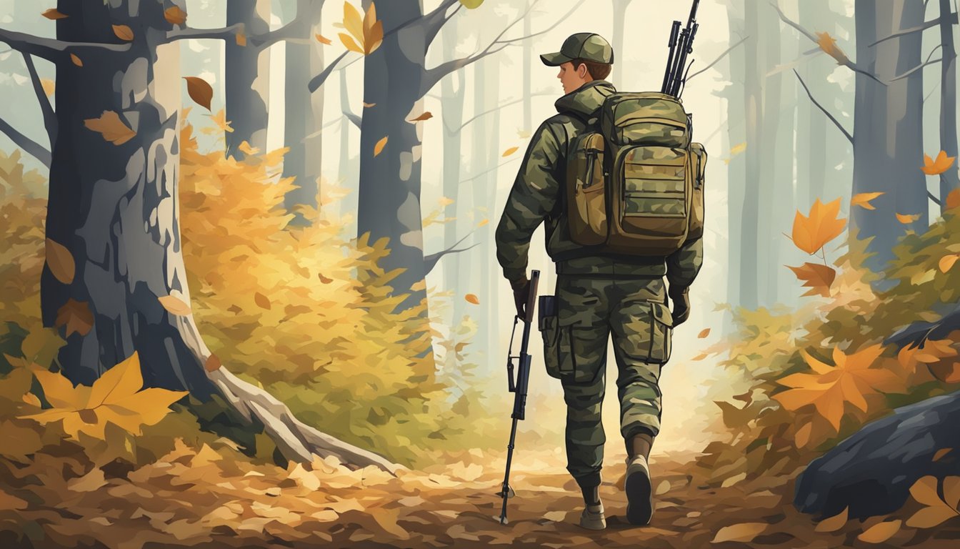 A young hunter in camouflage clothing with a backpack and rifle, walking through a forest with fallen leaves and tall trees