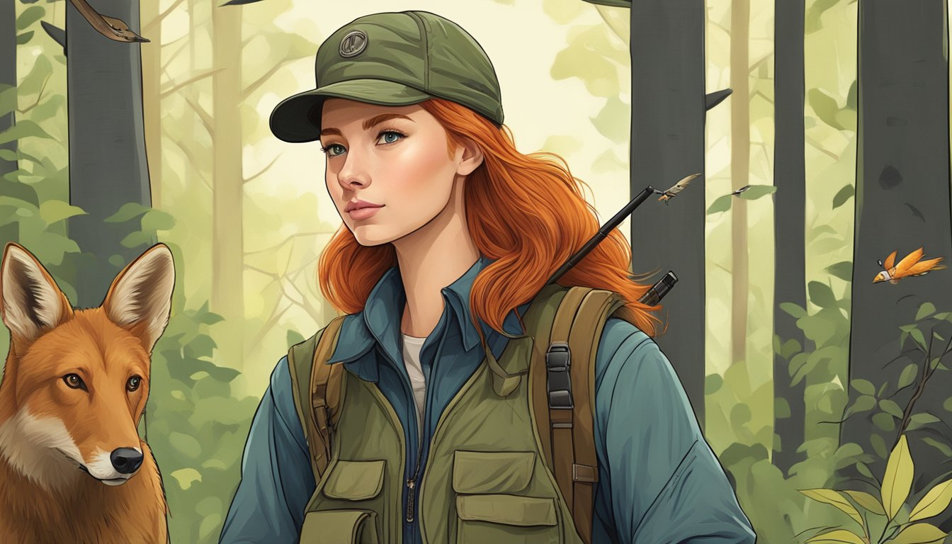 A young redhead wearing hunting clothes, surrounded by forest and wildlife