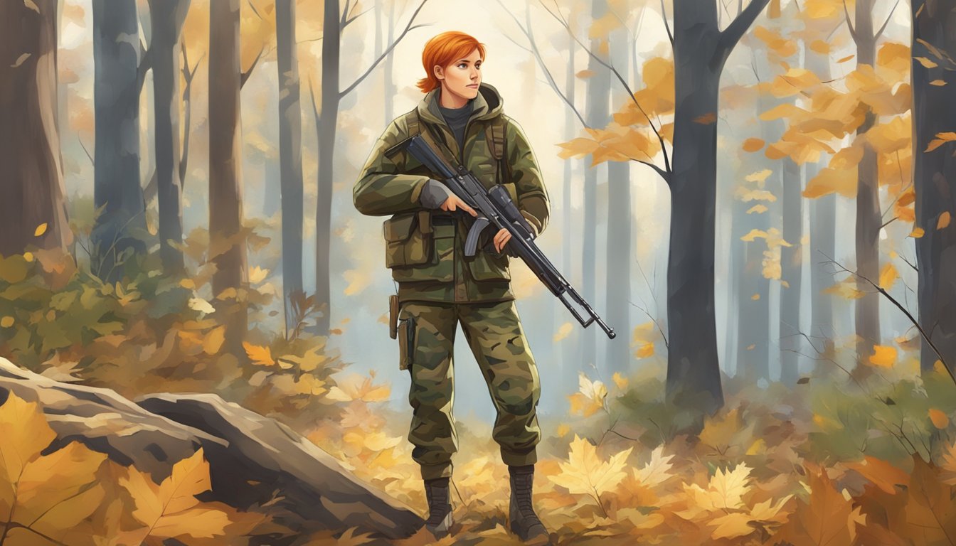 A young redhead in camouflage hunting clothes, carrying a rifle, standing in a forest clearing on a crisp autumn day