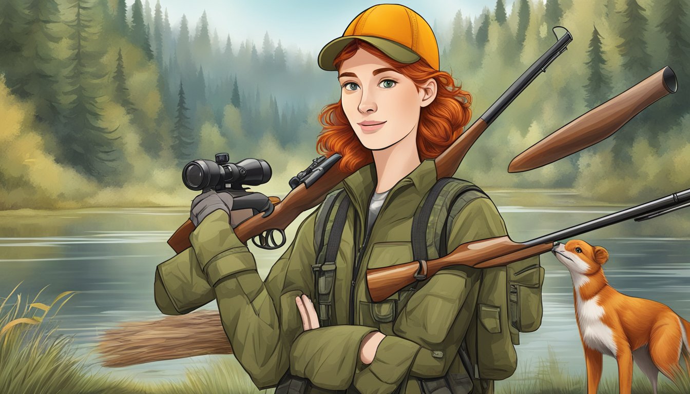 A redhead youth in hunting clothes with special offers and promotions displayed in the background