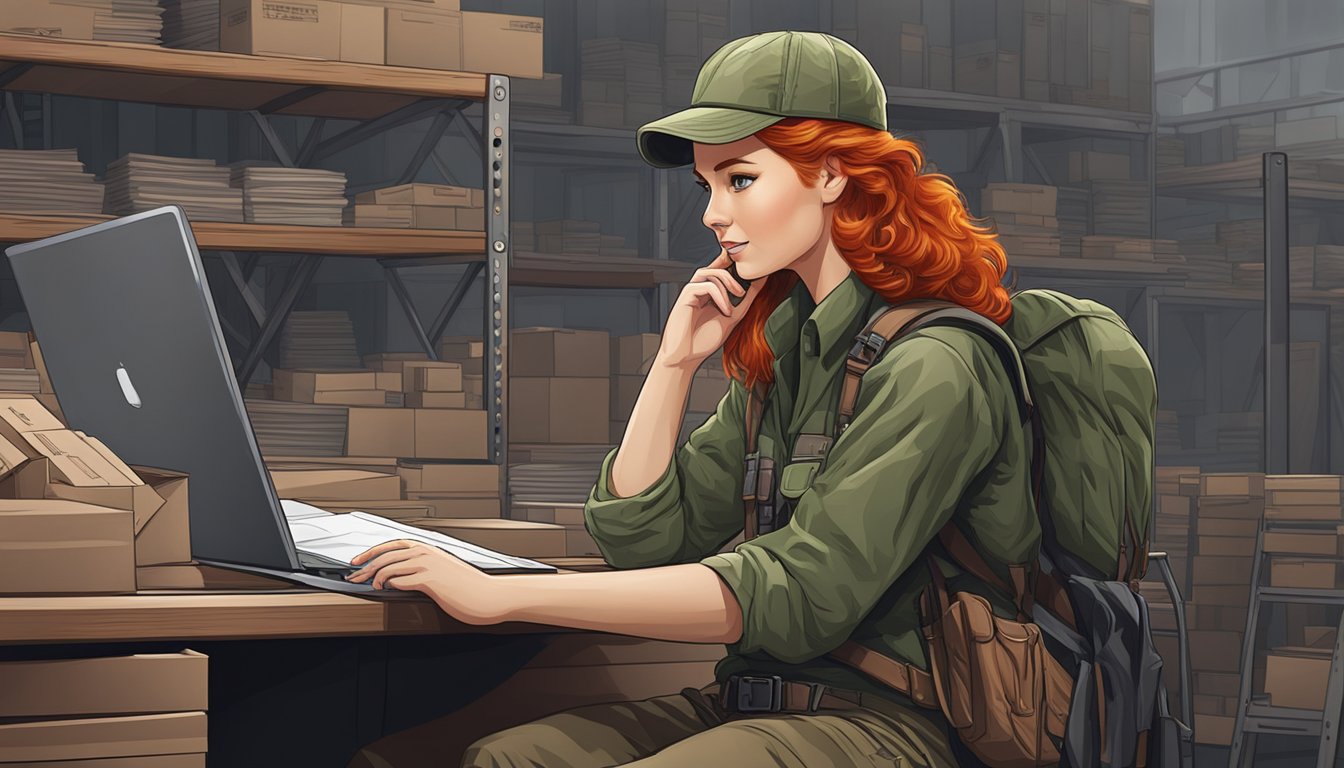 A redhead youth in hunting clothes organizes logistics and assists customers