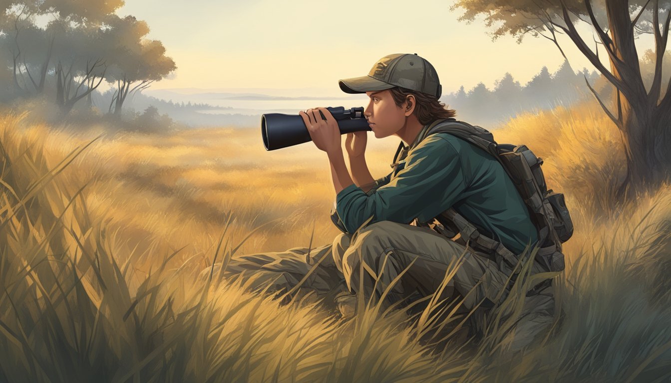 A young hunter wearing Nomad Youth Hunting Pants crouches in tall grass, scanning the horizon with a binoculars, surrounded by trees and wildlife