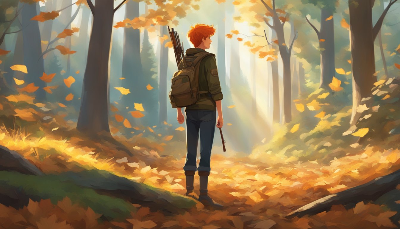 A red-haired youth in hunting clothes stands triumphantly in a forest clearing, surrounded by fallen leaves and the soft glow of sunlight filtering through the trees