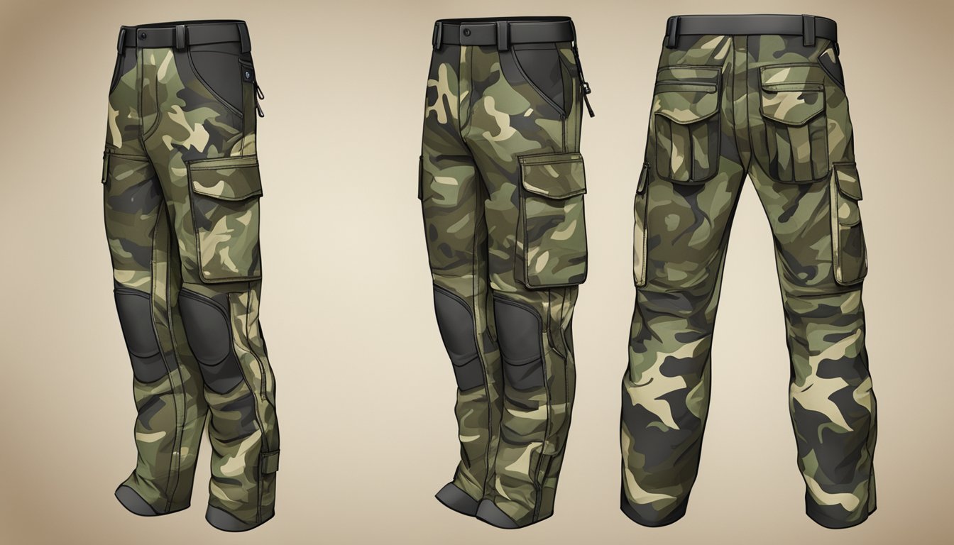 A pair of durable, camouflaged hunting pants with multiple pockets and reinforced knees, perfect for outdoor adventures