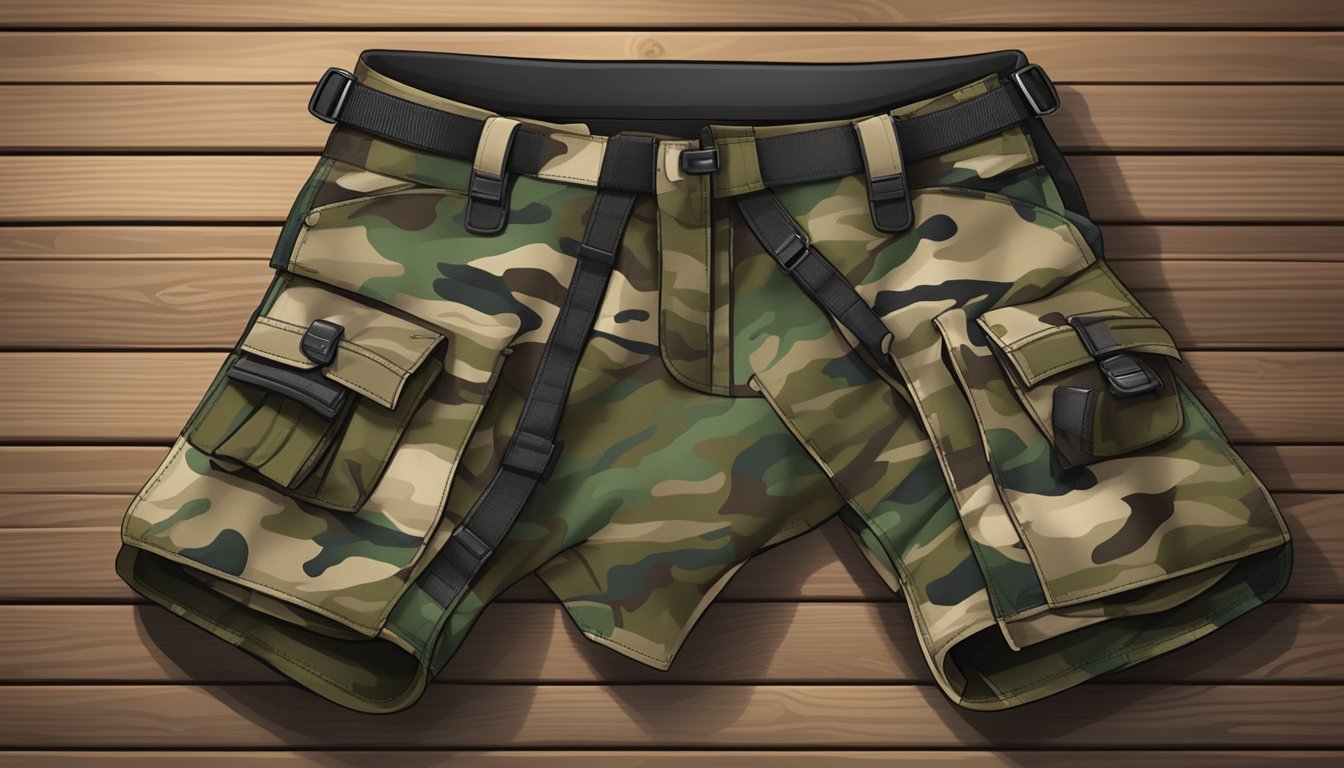 A pair of sturdy, camouflaged hunting pants laid out on a wooden table with various pockets and adjustable straps