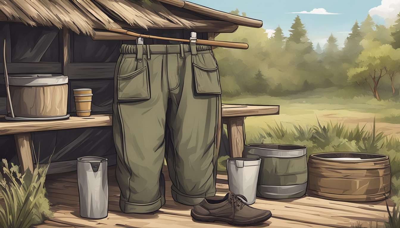 A pair of nomad youth hunting pants being carefully washed and dried in a rustic outdoor setting